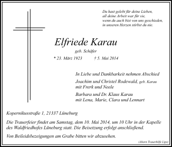 Anzeige von Elfriede Karau von Landeszeitung Lüneburg